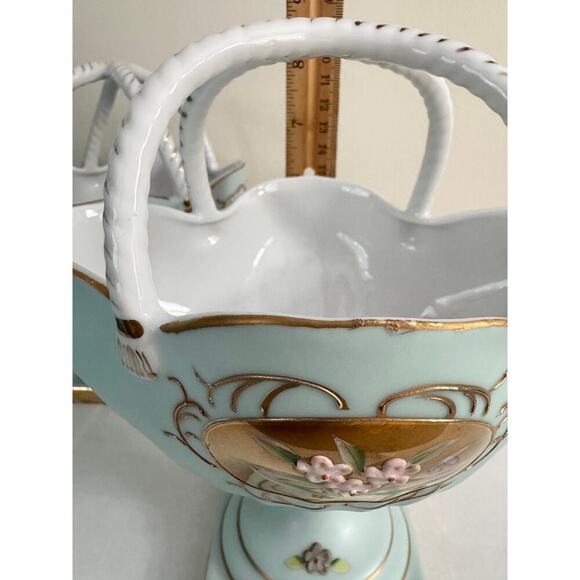 A Pair of Gold Plated Sea Green Porcelain Baskets, Trinket Dish, Decor Vintage - Picture 12 of 15